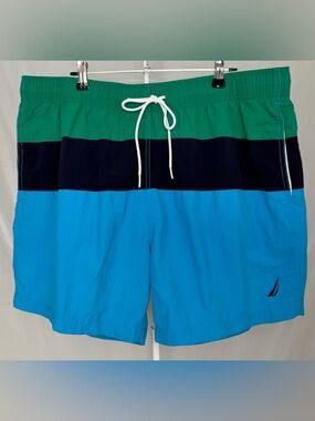 Nautica Men’s Swim Trunks XL Blue Green Colorblock Quick Dry Beach